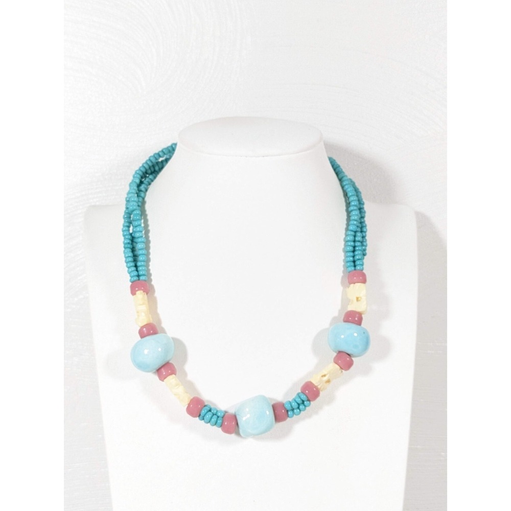Elephant Bead Necklace Blue Glass & Ivory Tone Ceramic Beads 17"